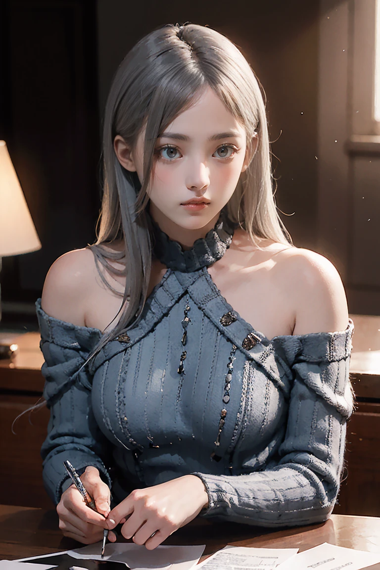 masterpiece, Warm color palette，Light of the sun，Light art，(Attention to detail:1 1), insufficient々しいface, Gray Hair，Off-the-shoulder clothing，Large Breasts，Natural Skin, high quality, Browsing Caution, Beautiful Eyes, (詳細なfaceと目), (face: 1 2), noise,Extra, Actual photo shoot, .PSD, Lamp Film Photo, Sharp focus, Contrast lighting, Delicate skin, High resolution 8k, Very detailed, Realistically, Professional photography, 8k