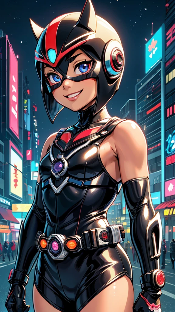 (8k),(masterpiece),(Japanese),(8-year-old girl),((innocent look)),((Childish)),From the front,smile,cute,Innocent,Kind eyes,Flat chest,black helmet,brown domino mask, Pocahontas, bald,no Hair,Strong wind,night,dark, Neon light cyberpunk city,Kamen_Rider,camisa