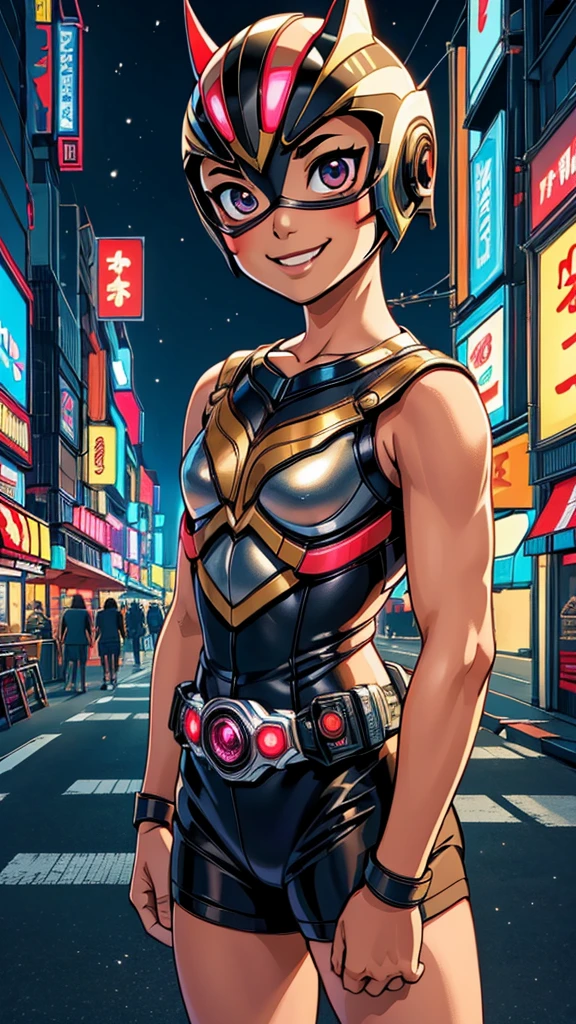 (8k),(masterpiece),(Japanese),(8-year-old girl),((innocent look)),((Childish)),From the front,smile,cute,Innocent,Kind eyes,Flat chest,brown helmet,brown domino mask, Pocahontas, bald,no Hair,Strong wind,night,dark, Neon light cyberpunk city,Kamen_Rider,camisa