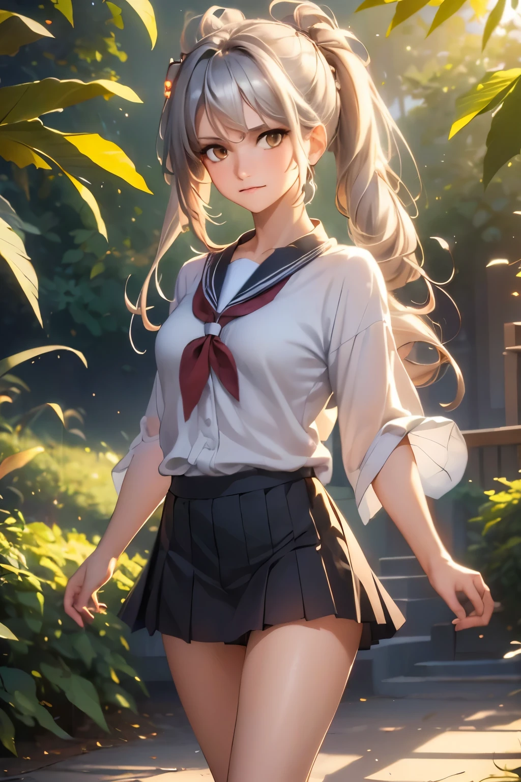 ((masterpiece)), ((best quality)), ((highres)), ((extremely detailed CG unity 8k wallpaper)), solo, tachibana kanade, tan school uniform, black skirt, white socks, outdoors, face, curtained hair, beach, parted hair, silver hair