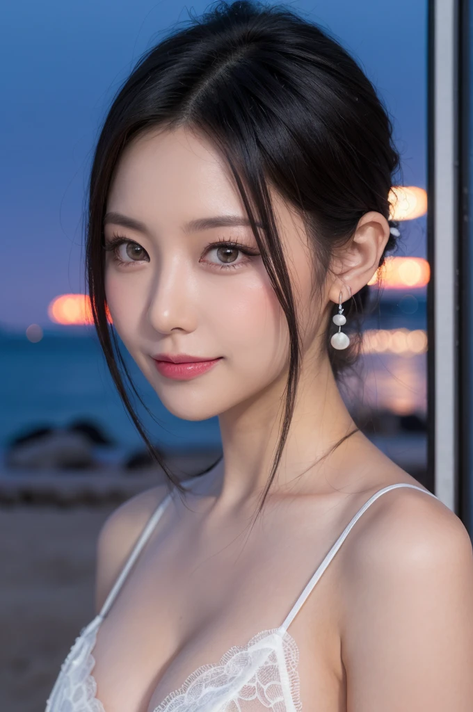 a woman,1 girl,black hair, hair bobbles, longeyelashes, solid circle eyes, light smile, mole under eye, heart earrings, light smile, shy, puckered lips, Surrealism, drop shadow, stereogram, pov, atmospheric perspective, depth of field, first-person view, f/1.8, 8k, super detail, ccurate, best quality, highres, best quality,full body,professional lighting,moonlight,evening,beach