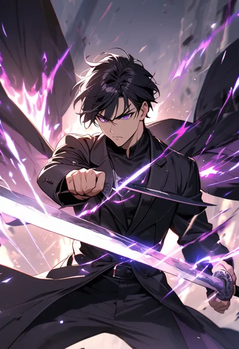 handsome, alone, 1 man, short hair, black hair, purple eyes, black shirt, black coat, Lots of power,fight with sword