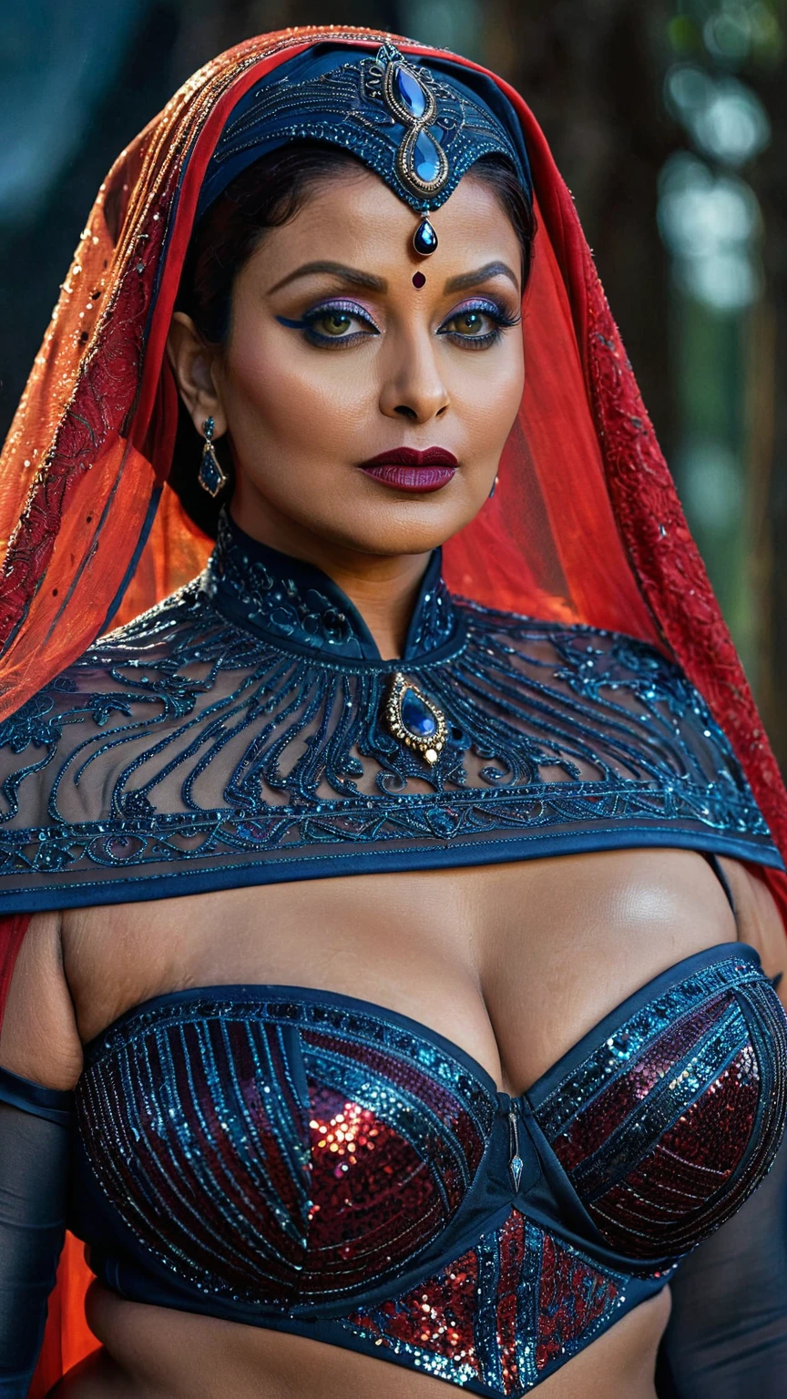 Sieht aus wie Aishwarya Rai, Full body Closeup shot, Große mollige Tante, milF, Puma Dame Hexe, horny Gothic milF,  70 Jahre alte wunderschöne reife Dame, perverse Dämonin, demoness oF lust, kurvig, Schwarze Lippen, horny Face, extrem wunderschön, thick Figure, schwere Physik, üppig, kurvig, sexy Figure, Fashionable portrait oF androgynous alien looking witch wearing veil, glühende Augen, Futuristic design, minimale Details, Givenchy, Fotorealistisch, 200mm, hd, F/ 2.0, sehr detailliert, surreal, sexy beautiFul evil woman, sexy, auffällige Pailletten-Sari mit trägerlosem BH, Sex, Vampir, horror genre, blutrünstige Zauberin, powerFul Female spirit, unheimlich, tot umfallen, in the style oF red and blue, (komplizierte Details, hyperdetailliert:1.15) (Hauttextur:1.2), dunkler, stimmungsvoller Ton, filmische Beleuchtung, Spukhaus im Hintergrund, 