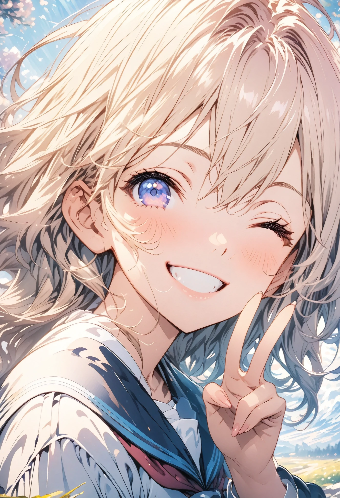 masterpiece, Highest quality, Highly detailed CG Unity 8K wallpapers, High School Girl Anime Illustration. Wearing a uniform、Hands making a peace sign、she has her eyes closed and mouth open, smile. The background is a light pastel colored landscape