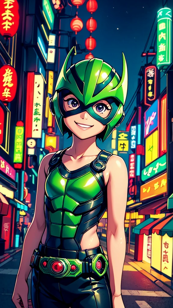 (8k),(masterpiece),(Japanese),(8-year-old girl),((innocent look)),((Childish)),From the front,smile,cute,Innocent,Kind eyes,Flat chest,green helmet,green domino mask,Mulan, bald,no Hair,Strong wind,night,dark, Neon light cyberpunk city,Kamen_Rider,camisa