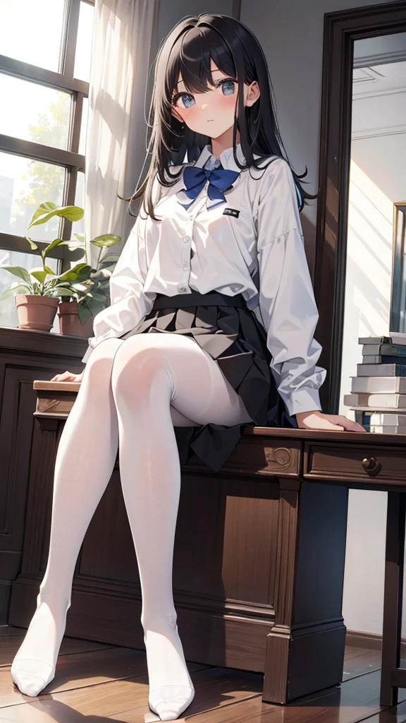 Top quality, masterpiece, High resolution, (Head to toe full body), front, frontやや下からの構図, Symmetric, Tall 18 year old girl, alone, (Head to toe), (Small breasts), bangs, (black tights), (Black Pantyhose), (Sit with your legs apart), (Crouching pose), (A composition showing white panties), (Her legs were spread、I see your white pants.), (I was made to sit on the floor with my legs spread..), (M-shaped legs), Thin legs, A very beautiful and tall 18 year old girl, (No shoes), blush, Shy big eyes, looking at the camera, Blazer Uniform, Checkered Pleated Skirt