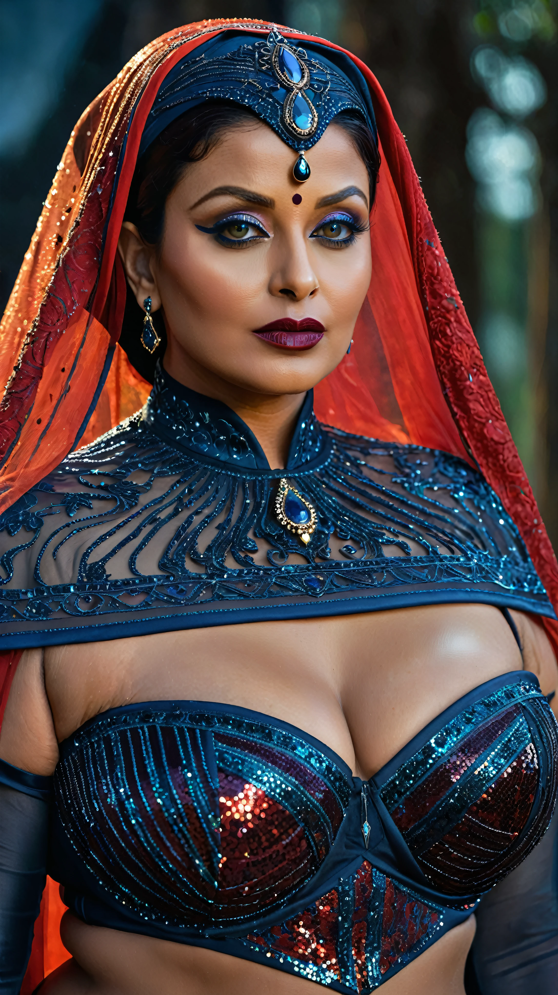 Looks like Aishwarya Rai, full body Closeup shot, Big chubby aunty, milf, cougar lady witch, horny Gothic milf,  70 years old gorgeous mature lady, pervert demoness, demoness of lust, curvy, black lips, horny face, extremely gorgeous, thick figure, heavy physique, voluptuous, curvy, sexy figure, Fashionable portrait of androgynous alien looking witch wearing veil, glowing eyes, futuristic design, minimal details, givenchy, photoreal, 200mm, hd, f/ 2.0, highly detailed, surreal, sexy beautiful evil woman, sexy bold sequin Saree with strapless Bra, chudail, Pishachini, horror genre, blood-thirsty enchantress, powerful female spirit, eerie, drop dead, in the style of red and blue, (intricate details, hyperdetailed:1.15) (skin texture:1.2), dark Moody tone, cinematic lighting, haunted place in background, 