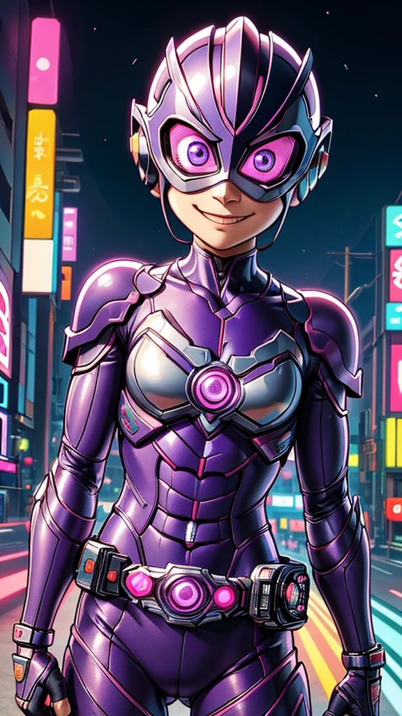 (8k),(masterpiece),(Japanese),(8-year-old girl),((innocent look)),((Childish)),From the front,smile,cute,Innocent,Kind eyes,Flat chest,purple helmet,purple domino mask,RapunzelWaifu, bald,no Hair,Strong wind,night,dark, Neon light cyberpunk city,Kamen_Rider,camisa