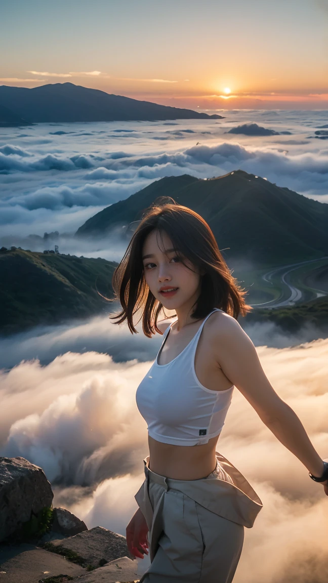 no, Ray tracing, Radio City, Anisotropic filtration, 16,000, best quality, 1 woman, alone, mature,  beautiful mountain climber, white tank top, Gradient long hair、laugh、sunset、big breasts 、valley (((Sea of clouds))