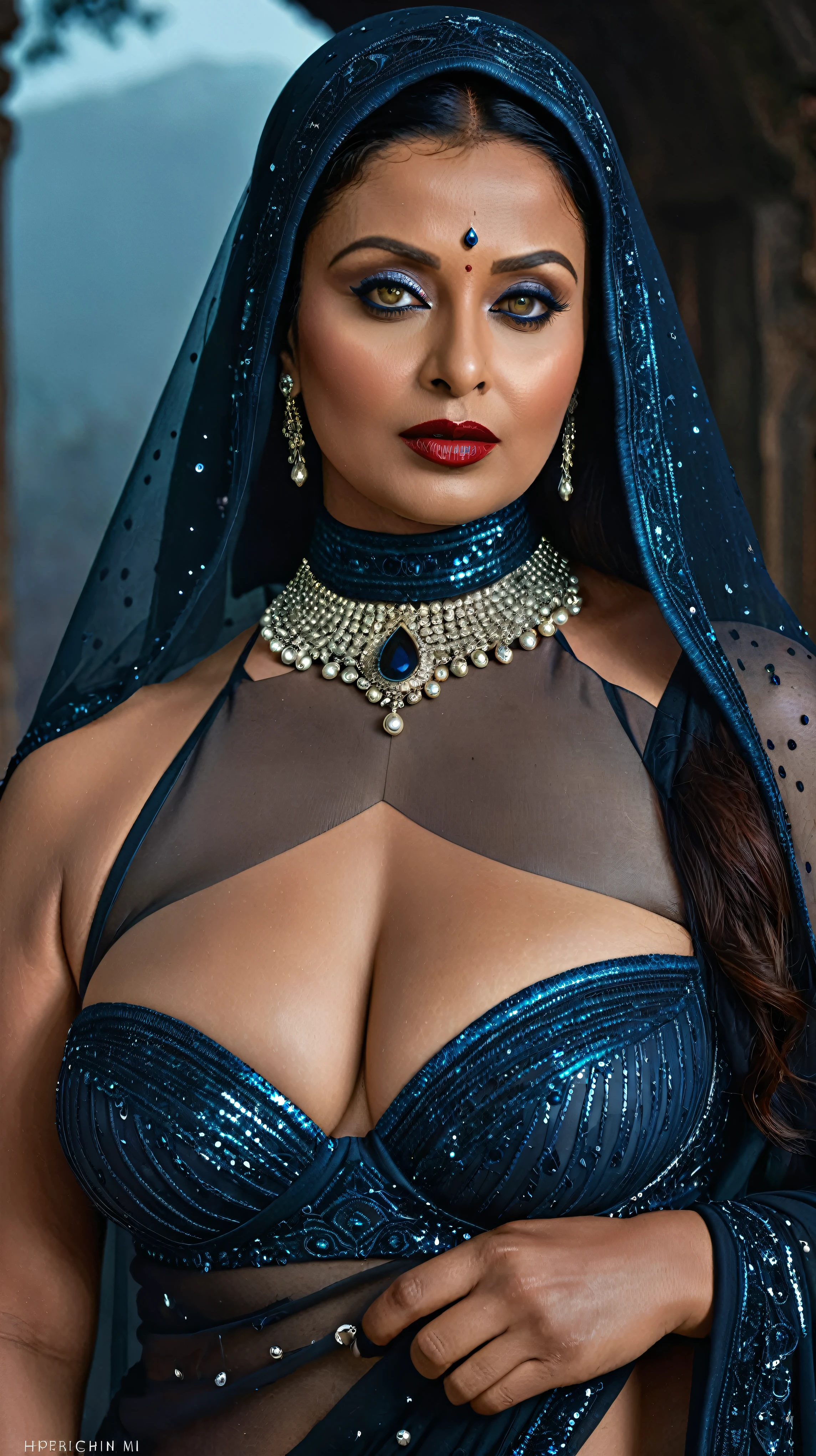 Looks like Aishwarya Rai, full body Closeup shot, Big chubby aunty, milf, cougar lady witch, horny Gothic milf,  70 years old gorgeous mature lady, pervert demoness, demoness of lust, curvy, black lips, horny face, extremely gorgeous, thick figure, heavy physique, voluptuous, curvy, sexy figure, Fashionable portrait of androgynous alien looking witch wearing veil, glowing eyes, futuristic design, minimal details, givenchy, photoreal, 200mm, hd, f/ 2.0, highly detailed, surreal, sexy beautiful evil woman, sexy bold sequin Saree with strapless Bra, chudail, Pishachini, horror genre, blood-thirsty enchantress, powerful female spirit, eerie, drop dead, in the style of red and blue, (intricate details, hyperdetailed:1.15) (skin texture:1.2), dark Moody tone, cinematic lighting, haunted place in background, 