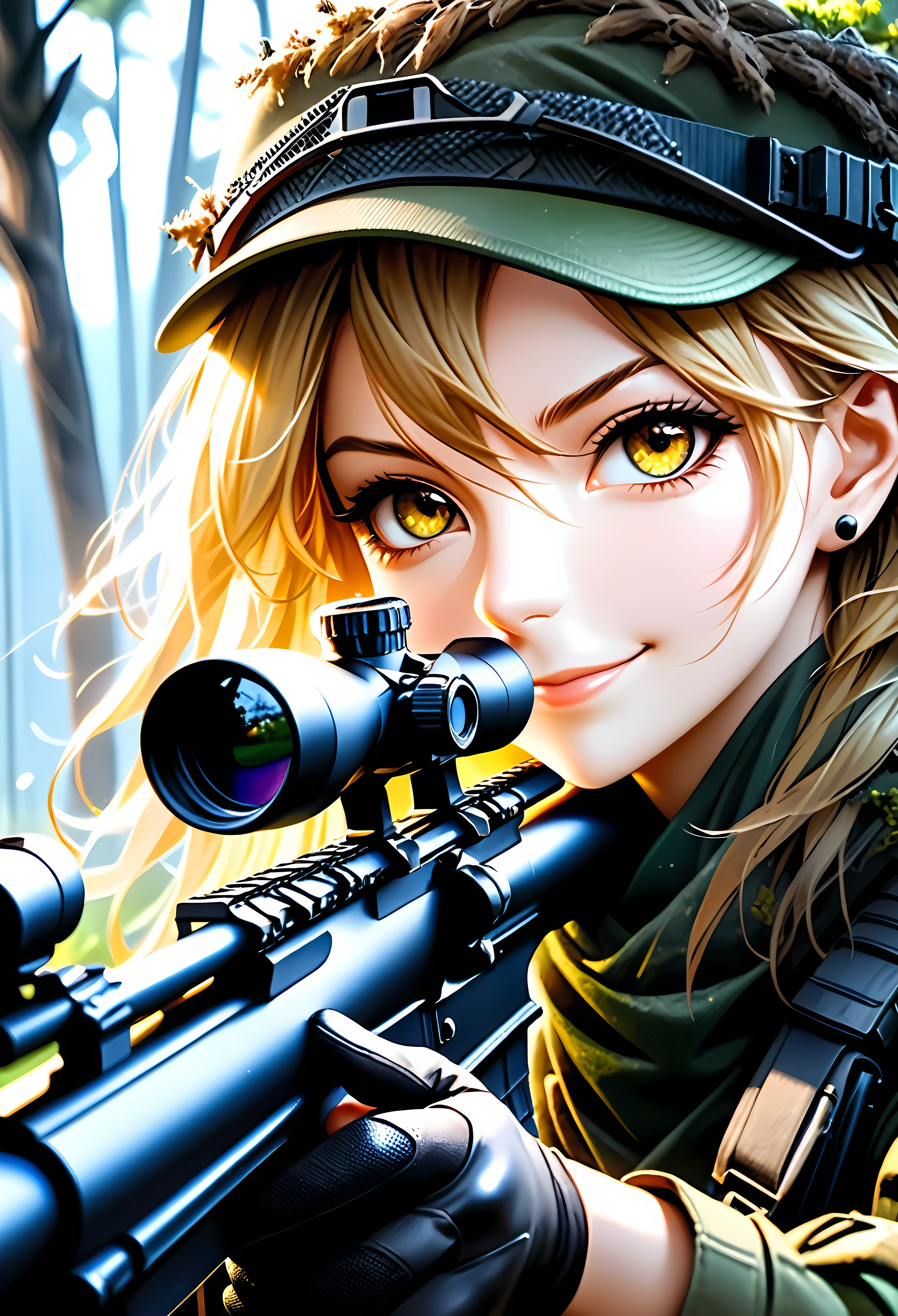 (Masterpiece in maximum 16K resolution:1.6), (intricate detail:1.4), (extremely insane detail:1.4),(highest quality:1.3),(Hyper_realistic:1.3). | ((Dark_color_tones):1.3),((a close up of female sniper soldier, aiming a sniper rifle, detailed face, piercing eyes, determined expression):1.3),((sniper ghillie suit, sniper gear, rugged landscape background, dramatic lighting, cinematic composition):1.1), ((wide angle shot):1.2), Clear light, Edge lighting, Perfect image, 16k UE5,editorial painting, superfine, Depth of field, Ultra-realistic, no contrast, clean sharp focus, professional painting, No blurring. | (watercolor painting, dark color, sharp focus), ((Pretty Supermodel beauty):1.2), ((Blonde Hair):1.1), ((Sniper ghillie suit):1.5), ((fancy military hand gloves):1.3), kinetic expression, style painting magic. | ((She is smiling with evil intention):1.3),((perfect_pose):1.5), ((perfect_fingers, better_hands, perfect_hands, perfect_legs):0.7), (((More_Detail))). | Rendered in ultra-high definition with UHD and retina quality, this masterpiece ensures anatomical correctness and textured skin with super detail. With a focus on high quality and accuracy, this award-winning portrayal captures every nuance in stunning 16k resolution, immersing viewers in its lifelike depiction. Avoid extreme angles or exaggerated expressions to maintain realism. ((perfect_composition, perfect_design, perfect_layout, perfect_detail, ultra_detailed)), ((enhance_all, fix_everything)), More Detail, Enhance.