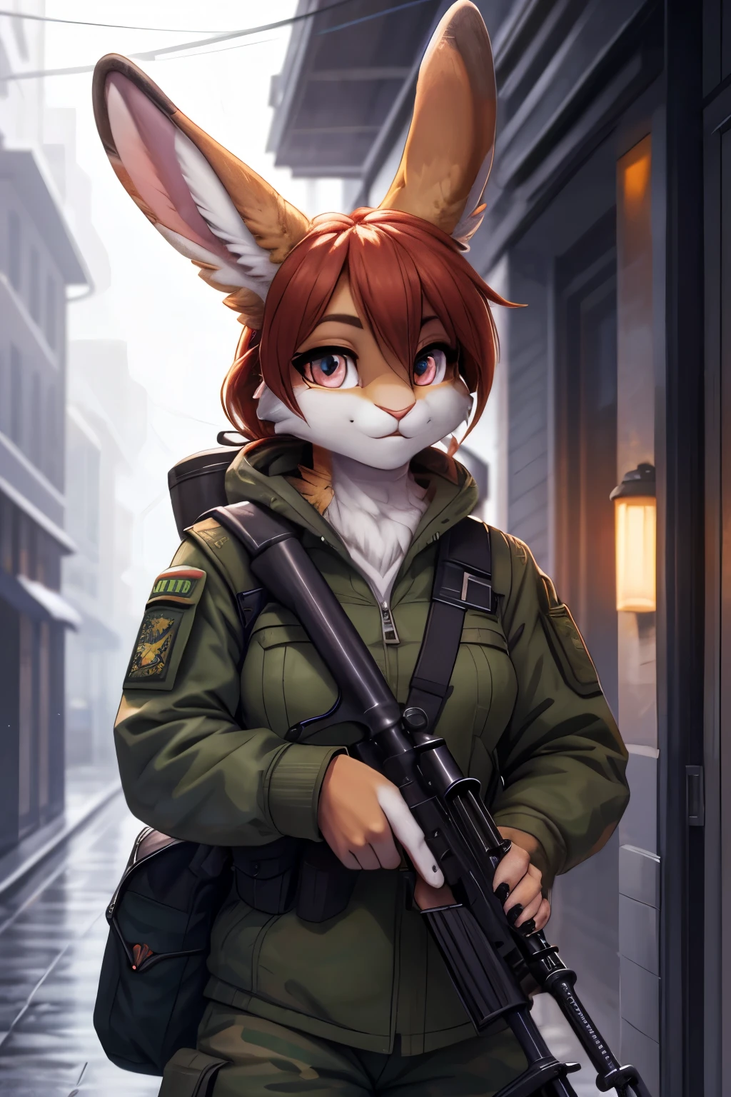 masterpiece, best quality, high resolution, detailed, Rabbit sniper, carrying a scoped rifle on her shoulder, taking a break,