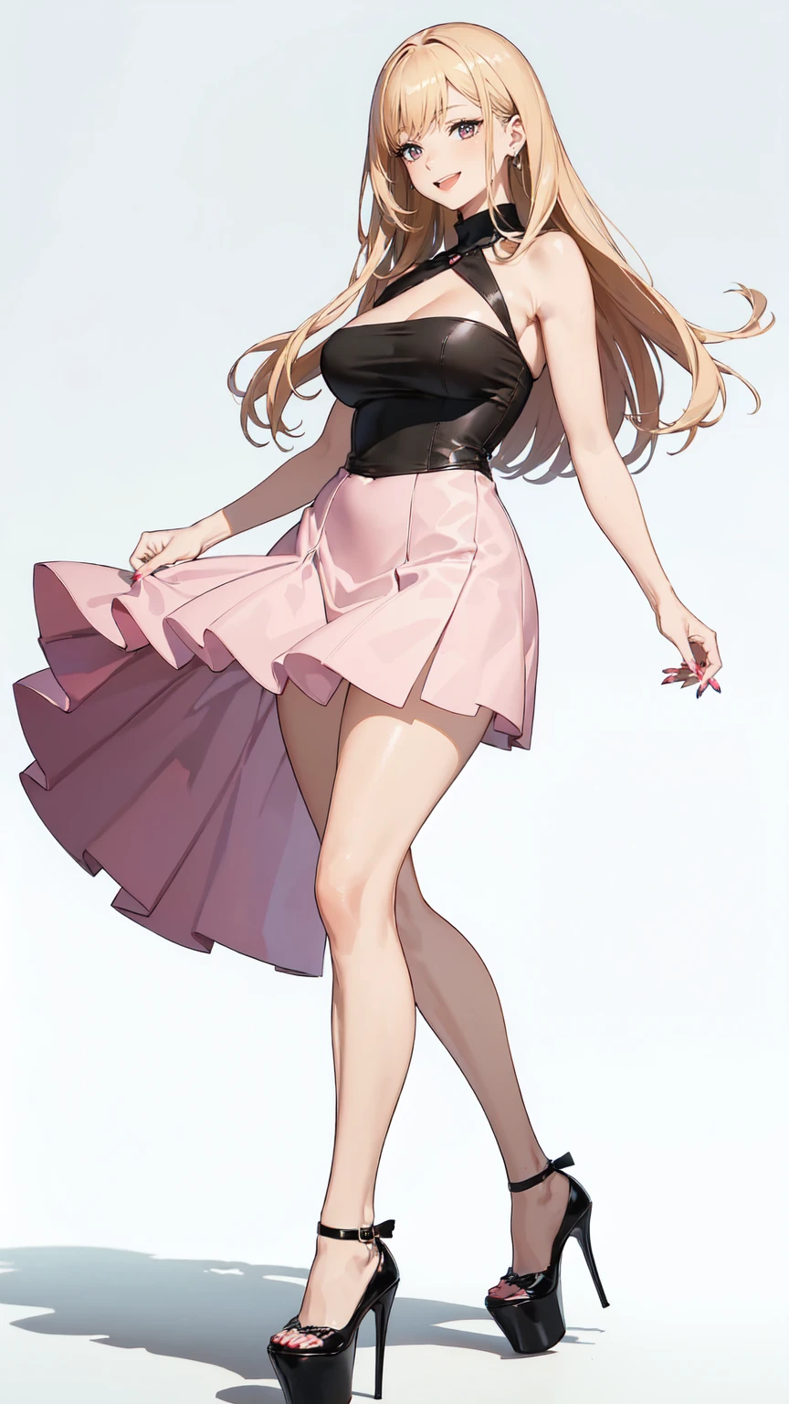 ((masterpiece, high resolution, better quality, better details)), ((Marin Kitagawa)), ((Smiling)), ((one girl)) a girl modeling standing, mini skirt, blouse, ((big neckline)), ((platform high heels)), pink eyes with black outline, (light blonde hair, straight hair, straight bangs, long hair)), long nails, pink nails, (((curvy body))), shiny skin, ((side view)), solo, bare shoulders, full body, focus full body, high heels, ((White background)),