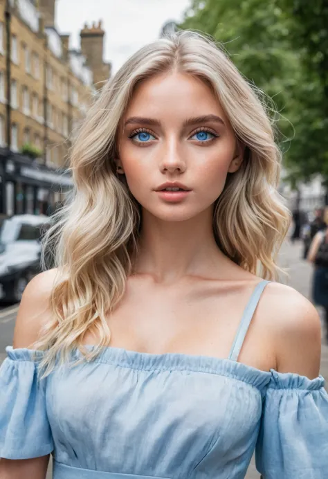 An natural photo of influencer girl with blonde hair and natural blue eyes in London ,best quality  full body