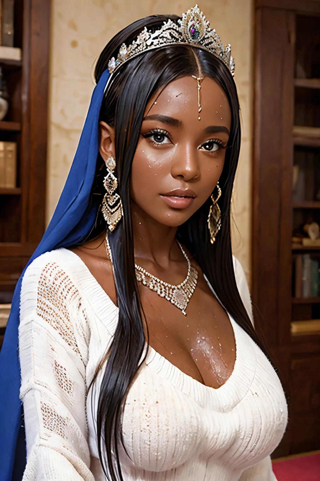 1 Beautiful Woman，Desert Princess，Aladdin，Dark skin（（（The eyes are very delicate）））（（（Hair accessories）））（（（veil：24））））（（（veil））），necklace，Wearing a conservative sweater， ((Royal Palace))（（（masterpiece）））， （（best quality））， （（Intricate details））， （（Surreal））（8K）