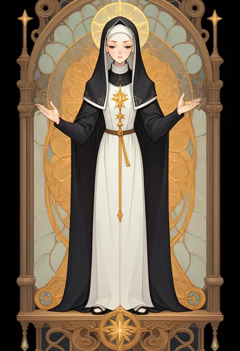Full body portrait of 1 girl, The nun prays, nuns clothing, standing on your feet, (((solo))), Clear facial features, Simple lin...