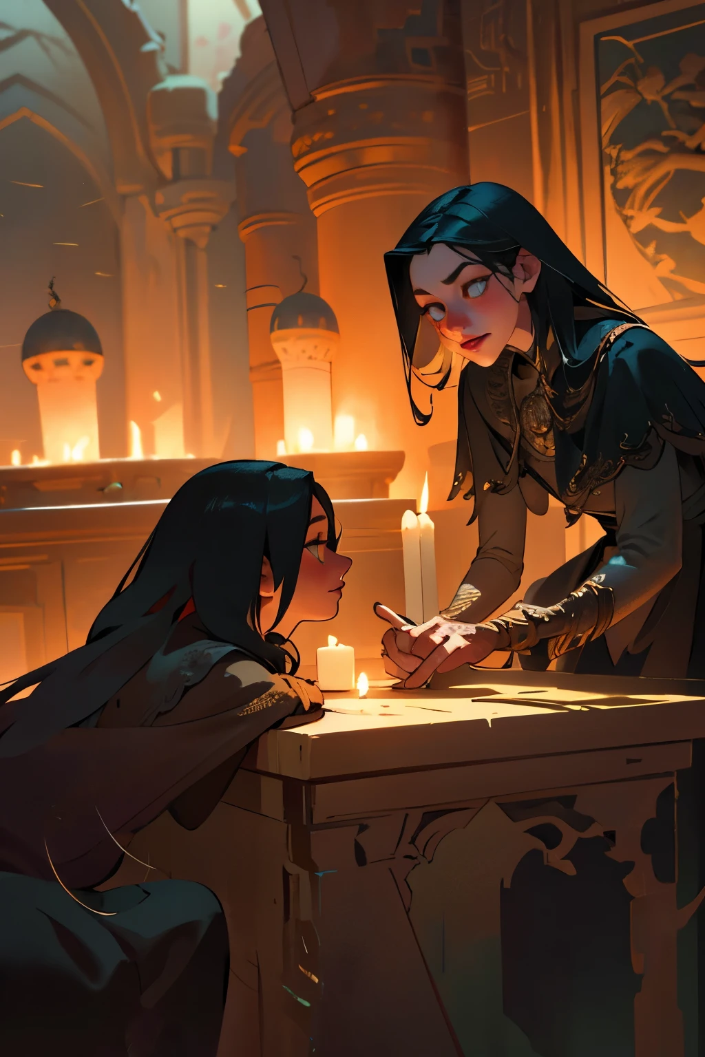 a detailed fantasy scene of three young girls exploring an ancient, mysterious house, extremely detailed eyes and faces, beautiful detailed lips, longeyelashes, highly realistic, photorealistic, 8k, masterpiece, studio lighting, vivid colors, dramatic lighting, ornate architecture, dusty textures, cobweb-covered walls, mysterious atmosphere, sense of discovery, warm light from candles, glowing magical artifacts, capture the essence of this magical and mysterious encounter. Your drawing will be fundamental for the creation of a unique publication, which combines the gothic atmosphere and the charm of the supernatural. Remember to add evocative details, such as candle flames dancing in the dark, shadows moving ominously along the rock walls, . Highlight the aura of mystery and emotion that this forbidden encounter evokes.