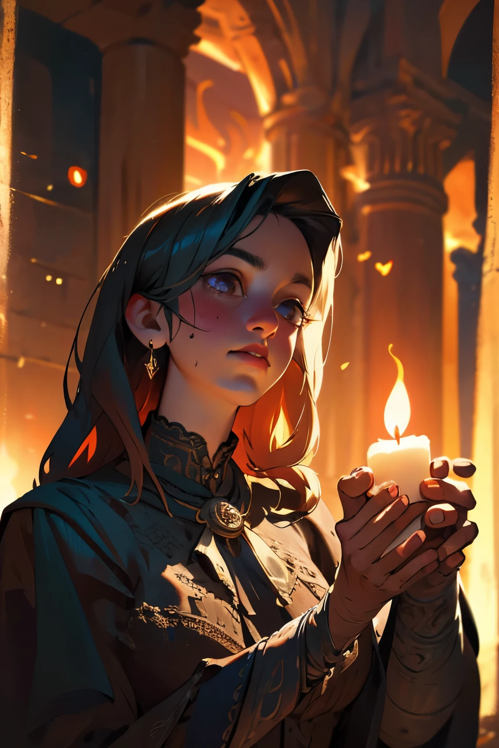 a detailed fantasy scene of three young girls exploring an ancient, mysterious house, extremely detailed eyes and faces, beautiful detailed lips, longeyelashes, highly realistic, photorealistic, 8k, masterpiece, studio lighting, vivid colors, dramatic lighting, ornate architecture, dusty textures, cobweb-covered walls, mysterious atmosphere, sense of discovery, warm light from candles, glowing magical artifacts, capture the essence of this magical and mysterious encounter. Your drawing will be fundamental for the creation of a unique publication, which combines the gothic atmosphere and the charm of the supernatural. Remember to add evocative details, such as candle flames dancing in the dark, shadows moving ominously along the rock walls, . Highlight the aura of mystery and emotion that this forbidden encounter evokes.