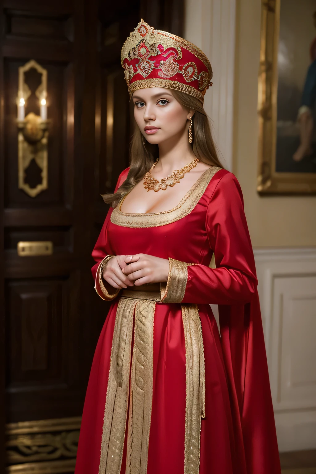 Daughter of a Russian noblewoman during the reign of Catherine II, (Russian noble costume, Red formal long dress, beautiful noble dress, white elbow grove: 1.3), In the palace, from front view , looking ahead at viewer,  Russian girl, 18-years old, (hair blonde, medium hair ,  shudder, grey-eyed, beautiful lip,  serious),  gold crescent earrings, neckless gold, (breasts big, whist delgado, wide hip, real public hair, fixed pussy and anal) ,  texturized skin , Hi detailed skin, (foreshortening, canon, anatomically correcte,  super detaill, High details, highness, 