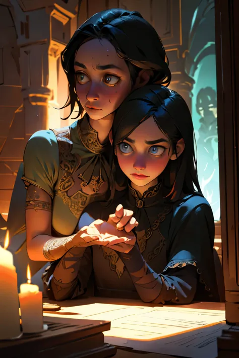 a detailed fantasy scene of three young girls exploring an ancient, mysterious house, extremely detailed eyes and faces, beautif...