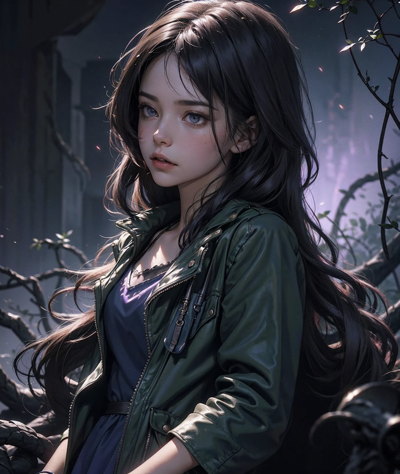 A stunning, atmospheric movie poster featuring a 15-year-old girl in a mysterious and spooky setting. She is in a dark and foggy environment, with tangled thorny vines and dense smoke, surrounded by a myriad of glowing fireflies. The girl has long, reddish-brown hair that appears as shadows in the image because it is so long. She is dressed in a short violet dress and a blue leather jacket, exuding a rebellious vibe. The scene is almost entirely shrouded in darkness, with only a single light source illuminating the area, casting dramatic shadows. The vivid colors and cinematic atmosphere evoke a sense of wonder and intrigue.