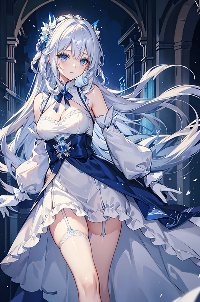 A woman with white hair and blue eyes、adult、Long, fluffy wavy hair、Braiding、Wearing hair ornaments、Princess、White gloves、blue and white lace dress、ribbon、The dress is short in the front and long in the back、Garter Ring、Fantasy