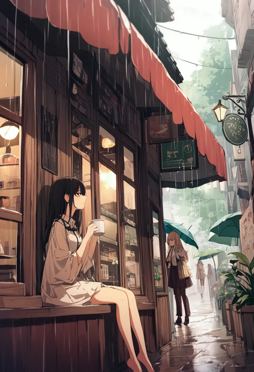 high resolution、One girl、Girl looks out the window、Bored look、Beautiful Hair、Beautiful appearance、Drinking coffee、２One Coffee、The girl is in the coffee shop、Unrelenting Rain、Heavy rain outside and passersby with umbrellas、Time flows slowly