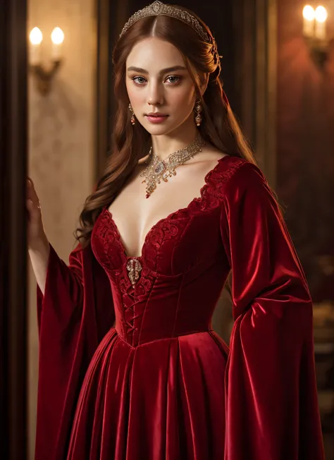 a handsome, real woman of the Middle Ages, haughty look, elaborate and elegant costume, red lace aristocratic dress, high detail...