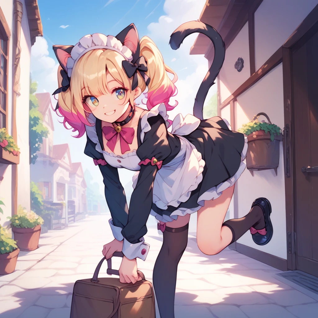 score_9, score_8_up, score_7_up, score_6_up, 1girl, solo, multiple colored hairs, maid, black cat tail, smile, black thighhigh, leaning forward, leg up outside, charm posing, paw, paw stamps, paw stamps, paw stamps background(NSFW)