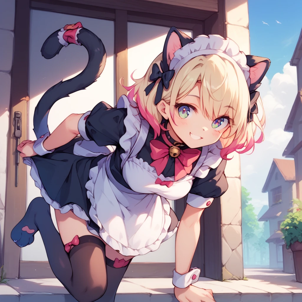 score_9, score_8_up, score_7_up, score_6_up, 1girl, solo, multiple colored hairs, maid, black cat tail, smile, black thighhigh, leaning forward, leg up outside, charm posing, paw, paw stamps, paw stamps, paw stamps background(NSFW)