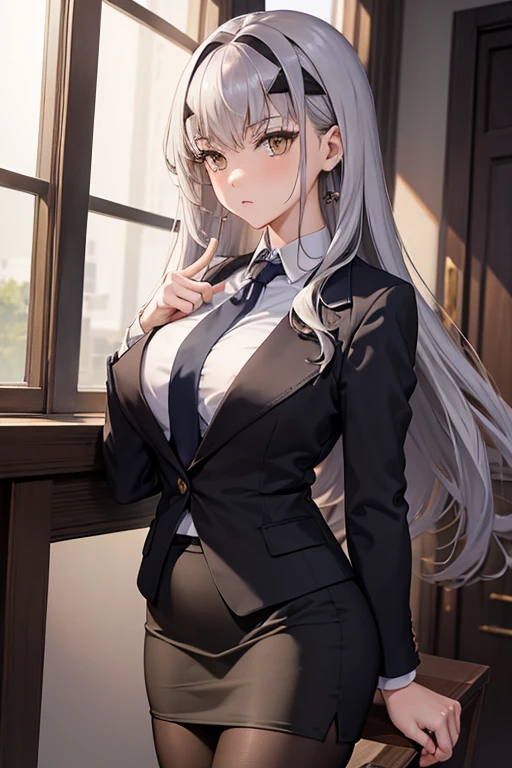 masterpiece, Highest quality, 1 person,( Large Breasts,Are standing, View your viewers,),Detailed Background、A person who writes in detail、Accurate human body、Knowledgeable person、Accurate 5-finger,Mature Woman,Thighsが太い,Curvy Body,Melusine, (Brown eyes:1.5), Long Hair, ((Gray Hair)), Side Lock,Long sleeve、Thighs、alone,((formal,suit,Jacket,tie,Long sleeve,Pencil Skirt,pantyhose,))