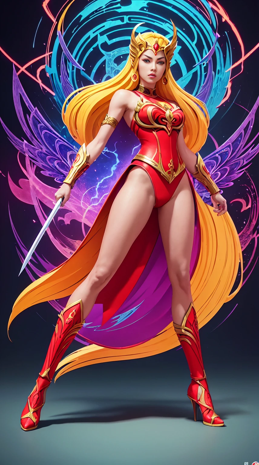 ((Full body photo, standing, feet on the ground))  She-ra, TM Samurai, intricate face details, poster style, icons, vibrant colors, vector style, digital art, 4K, intricate details, mesmerizing, professionally made, beautiful vector illustration, 12K resolution, 3D, all characters in detailed full body, highly detailed, vibrant, ultra high quality, Hyperrealism, Photorealism, octane render]