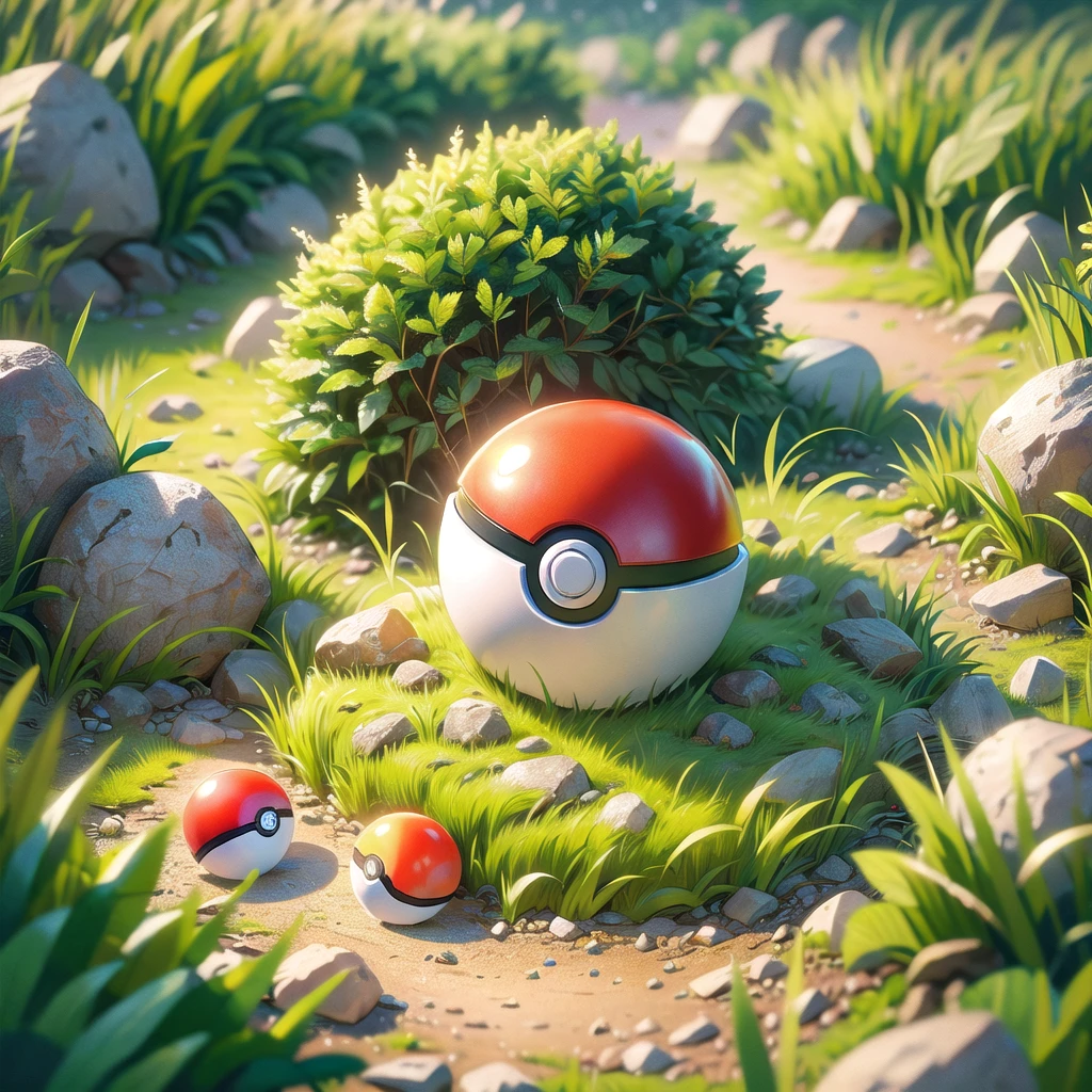 (illustration, best quality, masterpiece, official art:1.1), pokeball, grass floor