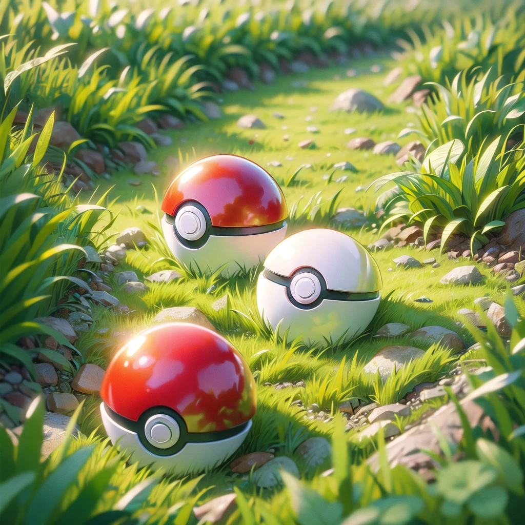 (illustration, best quality, masterpiece, official art:1.1), pokeball, grass floor