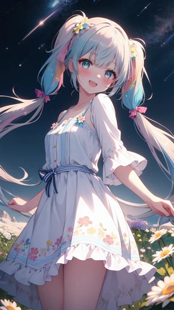 (8K, best quality, master piece: 1.2),super high resolution,1 girl, solo, full body ,ultra-detailed face, blush,  Rainbow hair, (Pigtails:1.3), thin hair clip, cyan colorshift eyes, expressive eyes, collarbone, Ecstatic expression, Midnight, Shining stars and shooting stars, coastline, flowy sundress with a floral pattern in pastel colors,above her knees, park, flowers and greenery
