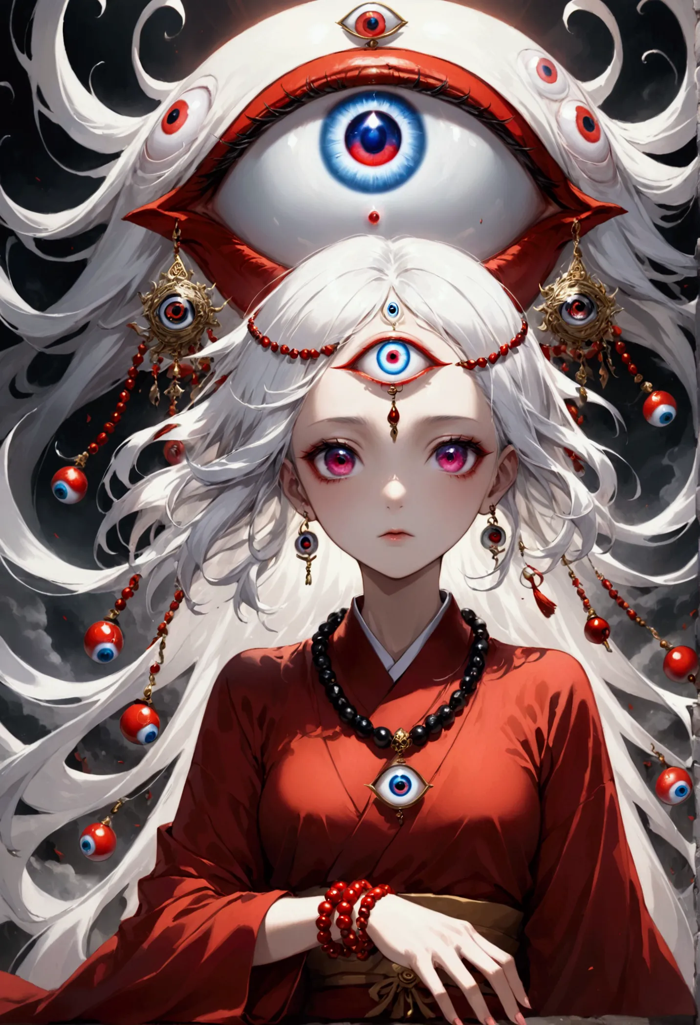 (white-haired girl，third eye on the forehead:1.1).red kimono，18 eyeball bracelet，buddhist beads