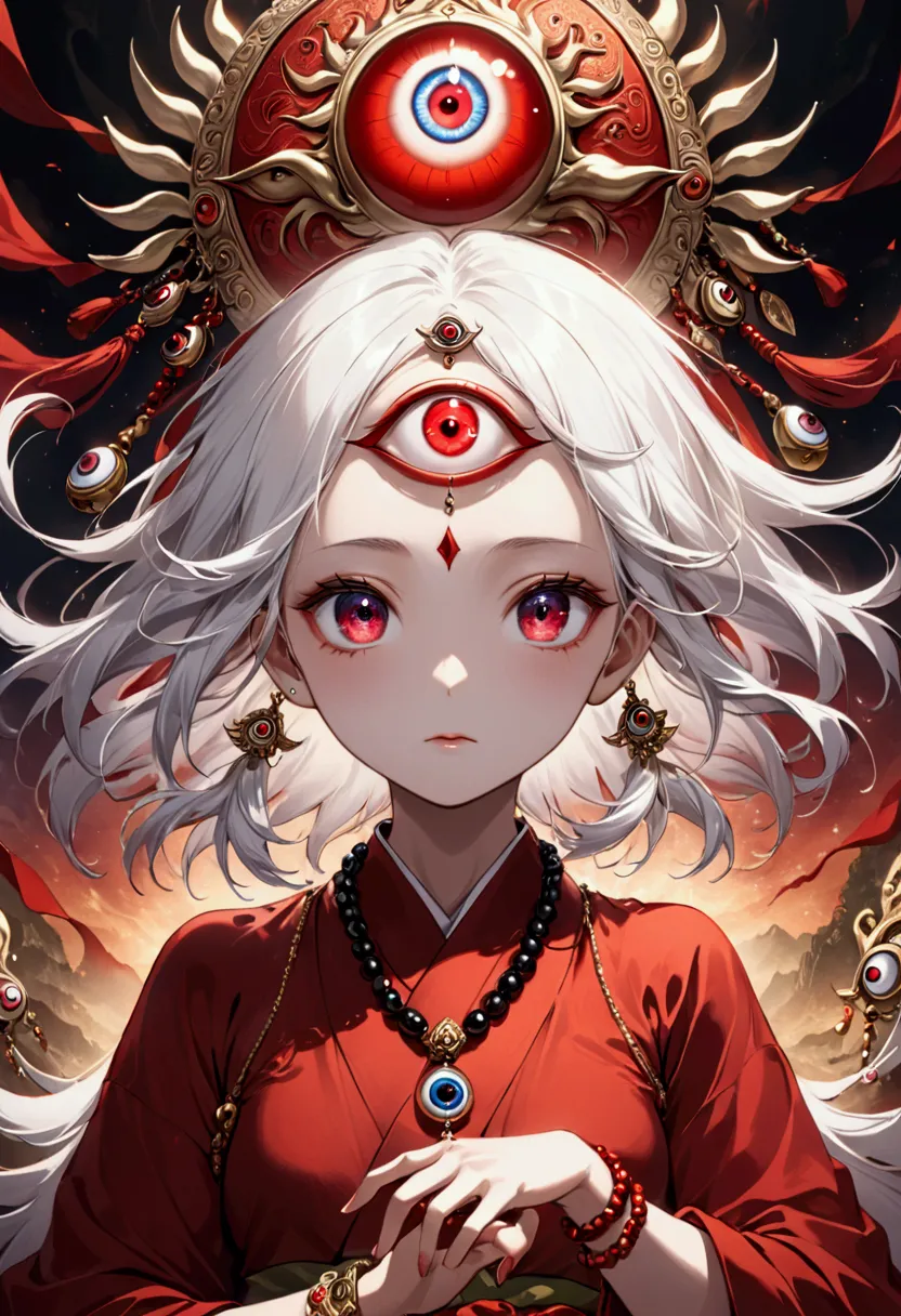 (white-haired girl，third eye on the forehead:1.1).red kimono，18 eyeball bracelet，buddhist beads