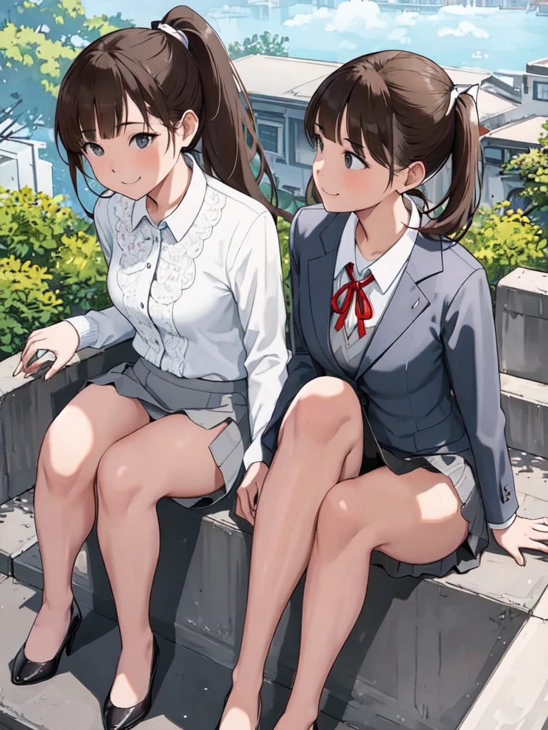 masterpiece, Highest quality, Absurd, Perfect Anatomy, Beautiful background, ２Two office ladies sitting side by side、, from the front、Portraiture、 ponytail、ribbon、Brown Hair,smile、Office Suits、Station stairs、Grey tight mini skirt、White lace panties、Low Angle