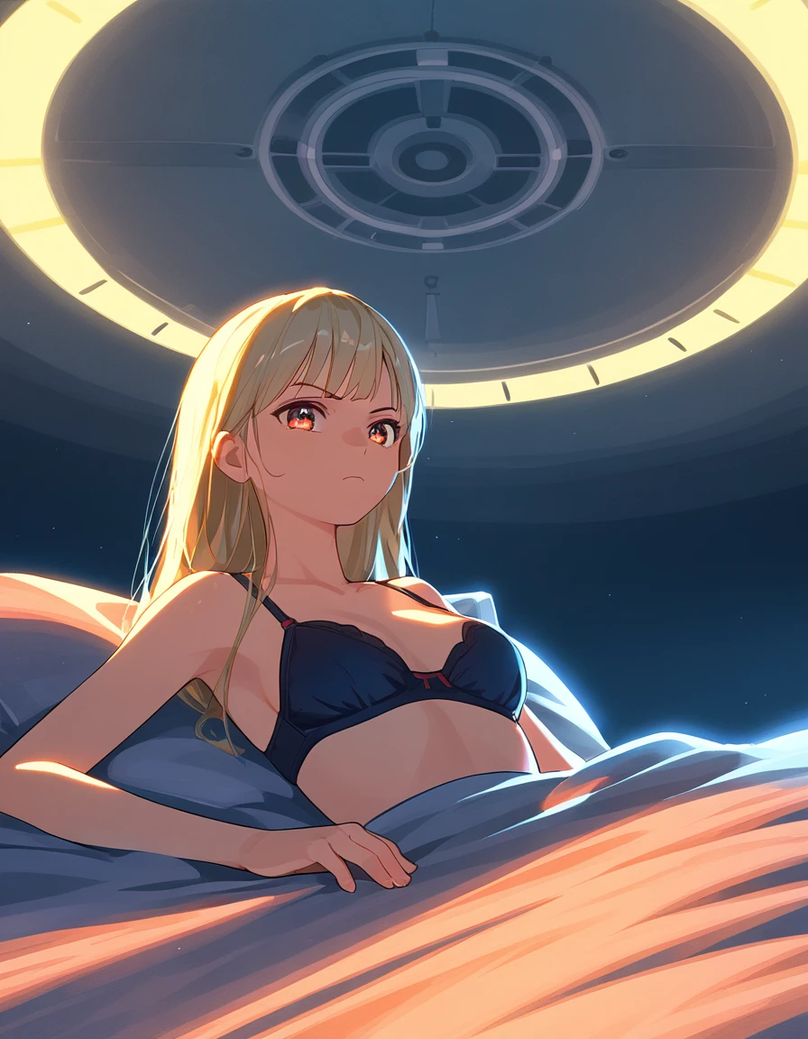 The image is a digital artwork of a woman with blonde hair lying on a bed. She has a large chest and is wearing a bra. Super resolution, Megapixel, ProPhoto RGB, VR, Bullish, epic, half back lighting, backlights, natural lighting, incandescent light, fiber optics, lighting mood lighting, cinema lighting, studio lighting, soft lighting, volumetric, sharp contrast, dark lighting, accent lighting, global illumination projection, screen space global illumination, ray tracing global illumination, red fringe light, 45% cool color gradation, optics, scattering, glare, shadows, hyperrealism, caustic water, refractive water, anatomically correct, super detail, high quality, 4K