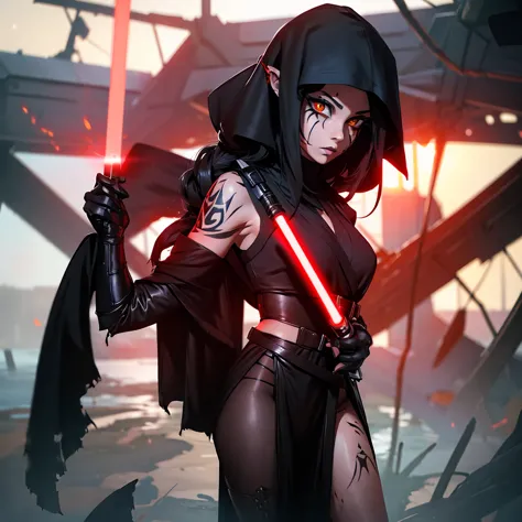 the girl is a sith lord. she is wearing a black top and underpants. her skin is covered with black tattoos. she has red-yellow e...