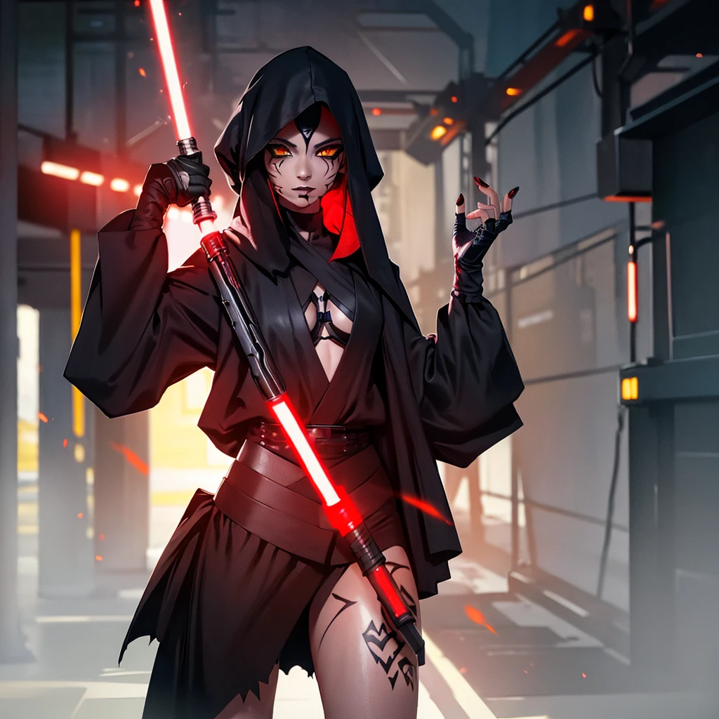 The girl is a Sith lord. She is wearing a black top and underpants. her skin is covered with black tattoos. She has red-yellow eyes. She holds a red lightsaber in right hand.