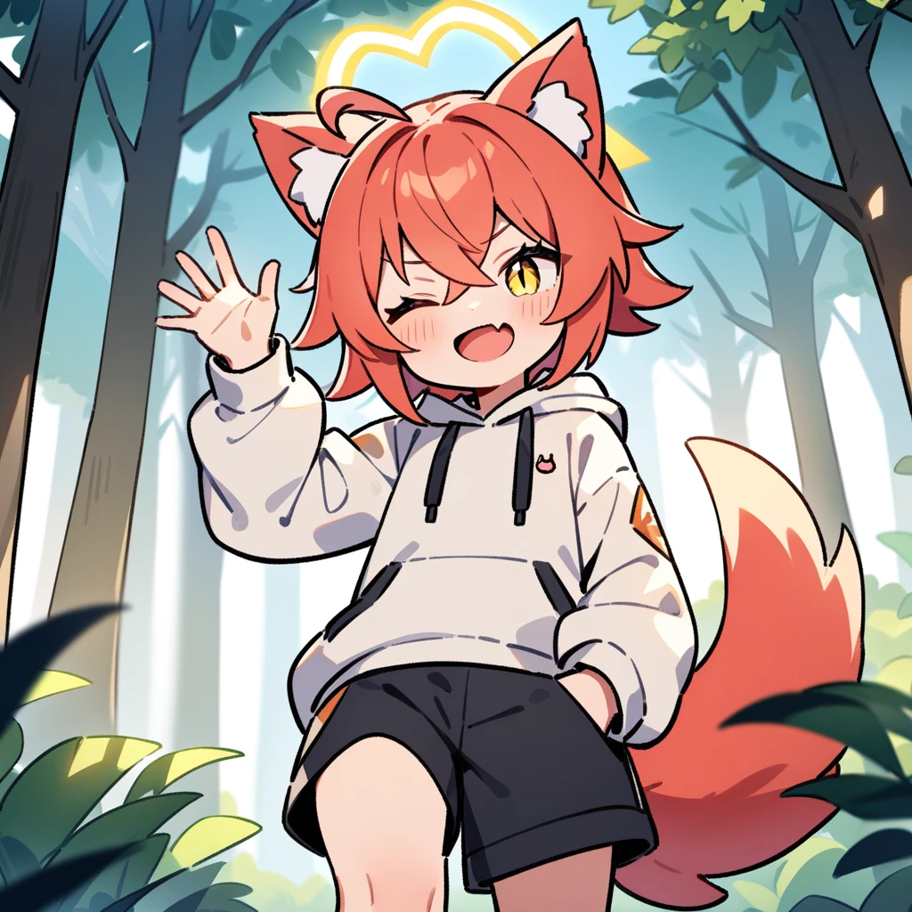 （masterpiece：1.2，high quality），4K，High resolution，A seven-year-old boy，cute boy， light red hair，short hair，crossed bangs，light yellow eyes，slit pupils，one eye closed，heart ahoge，yellow halo，cat ears，laughing，skin fang，Wearing a white hoodie，Black shorts，Stand in the forest，There are flowering trees on both sides.，primary school student，thigh，alone，dog tail，（Put your hands in your pockets），（（Put your hands in your pockets））