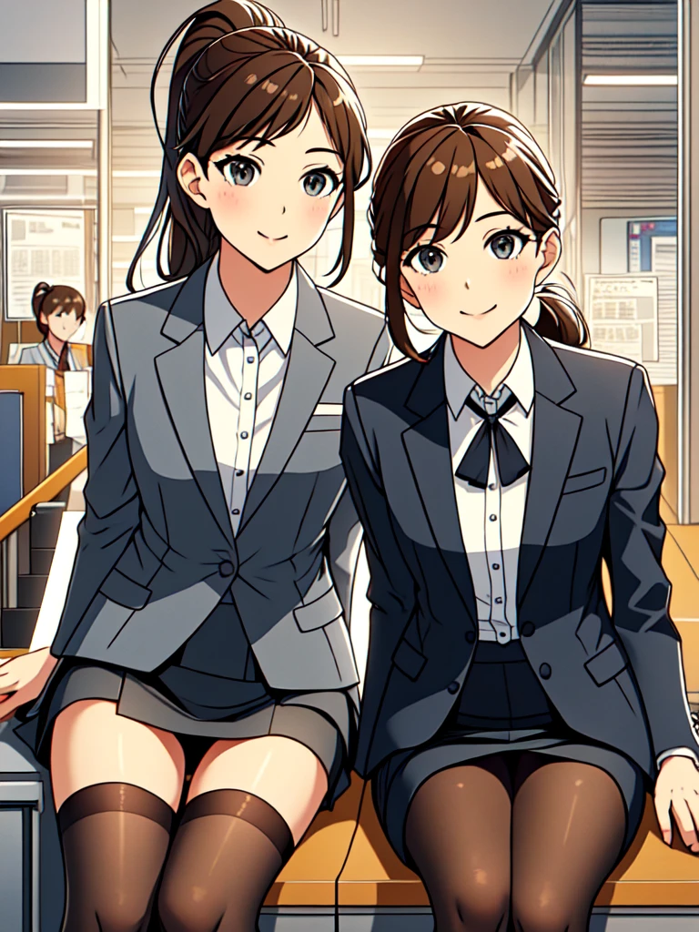 masterpiece, Highest quality, Absurd, Perfect Anatomy, Beautiful background, ２Two office ladies sitting side by side、, from the front、Portraiture、 ponytail、ribbon、Brown Hair,smile、Office Suits、Station stairs、Grey tight mini skirt、White lace panties、Low Angle