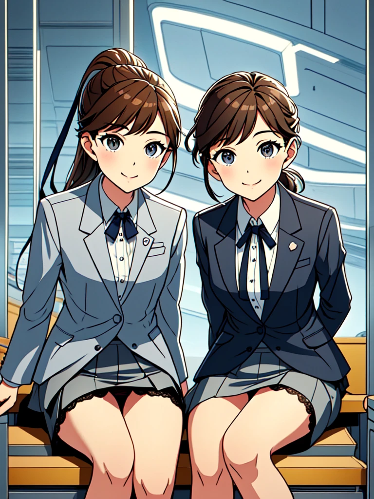 masterpiece, Highest quality, Absurd, Perfect Anatomy, Beautiful background, ２Two office ladies sitting side by side、, from the front、Portraiture、 ponytail、ribbon、Brown Hair,smile、Office Suits、Station stairs、Grey tight mini skirt、White lace panties、Low Angle