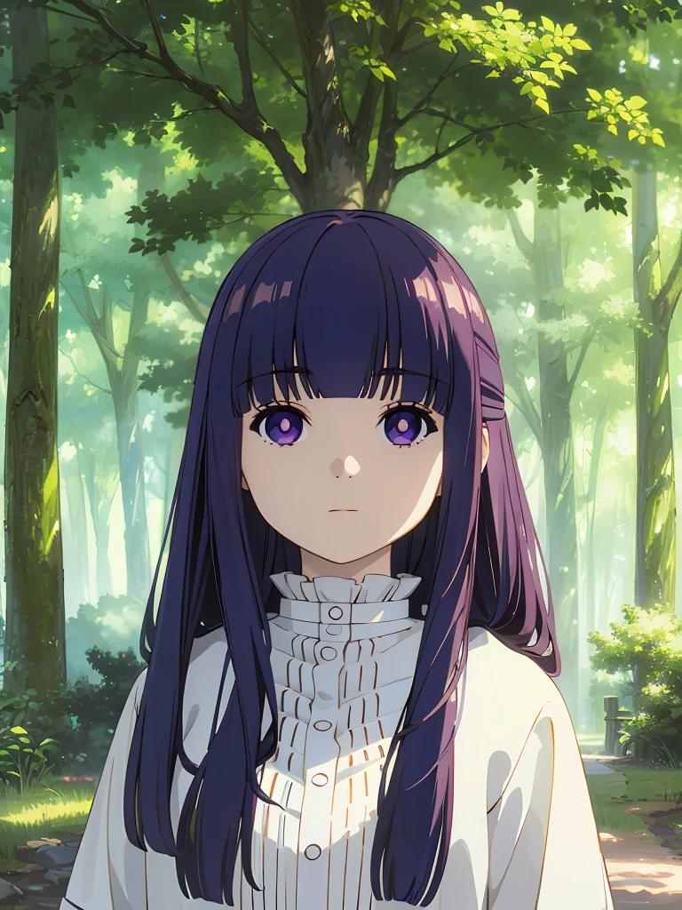 best quality, masterpiece, highres, solo, (fern_sousounofrieren:1.10), 1girl, closed mouth, forest, outdoors, tree, expressionless, looking at viewer, frilled collar, dress, upper body, portrait, anime_style, 6 