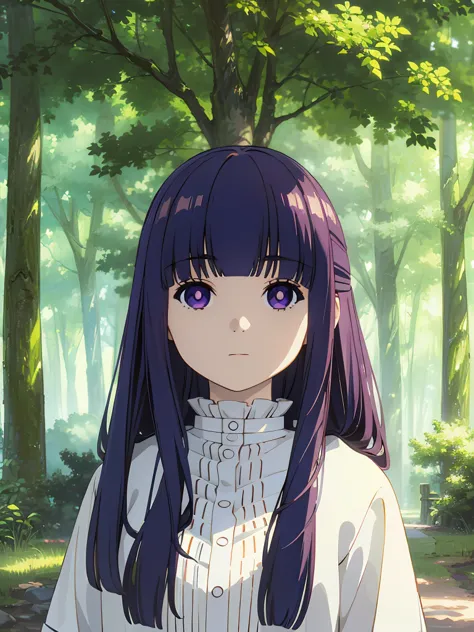 best quality, masterpiece, highres, solo, (fern_sousounofrieren:1.10), 1girl, closed mouth, forest, outdoors, tree, expressionle...