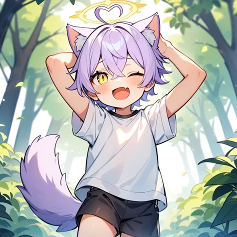 （masterpiece：1.2，high quality），4k，high resolution，a seven-year-old boy，cute boy， light purple hair，short hair，crossed bangs，ligh...