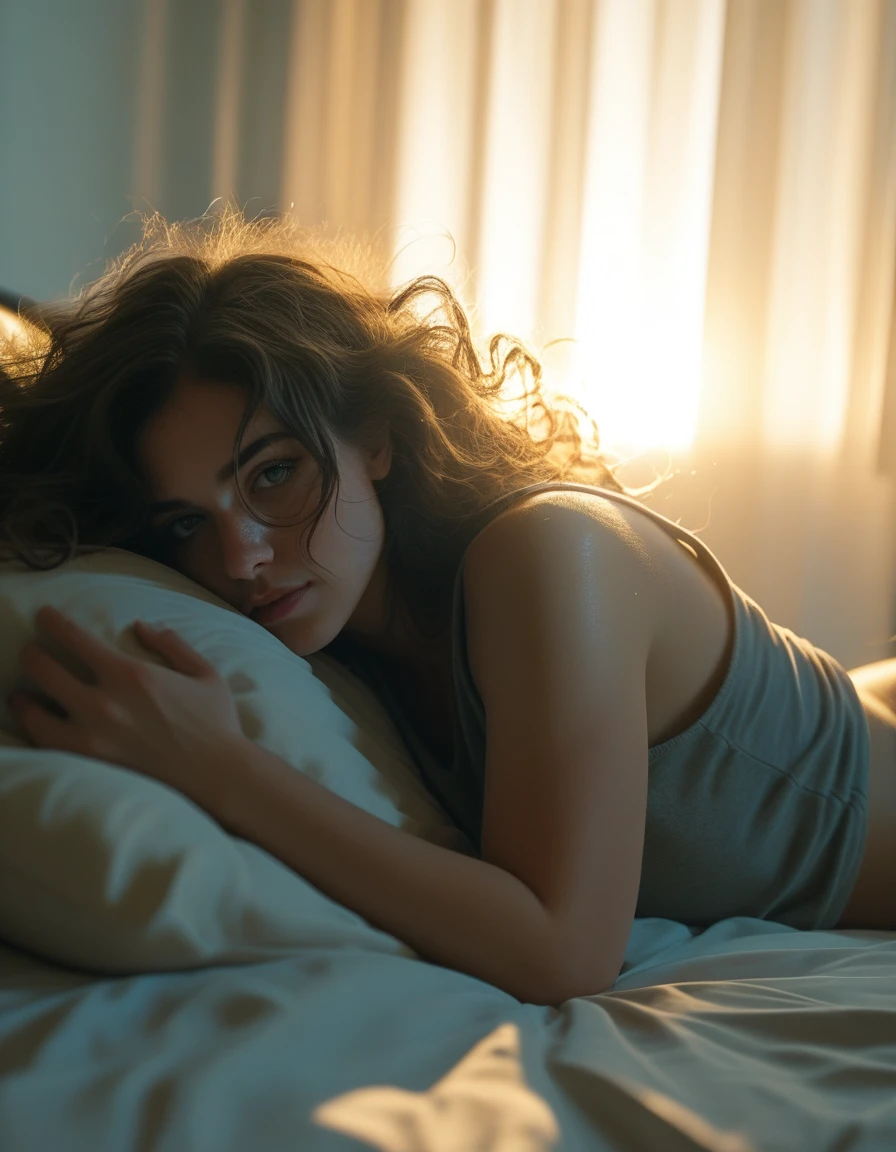 The image is a detailed illustration of a woman with long, flowing hair and a greenish hue, lying on a bed in a relaxed position, wearing a gray tank top, Super resolution, Megapixel, ProPhoto RGB, VR, Bullish, epic, half back lighting, backlights, natural lighting, incandescent light, fiber optics, lighting mood lighting, cinema lighting, studio lighting, soft lighting, volumetric, sharp contrast, dark lighting