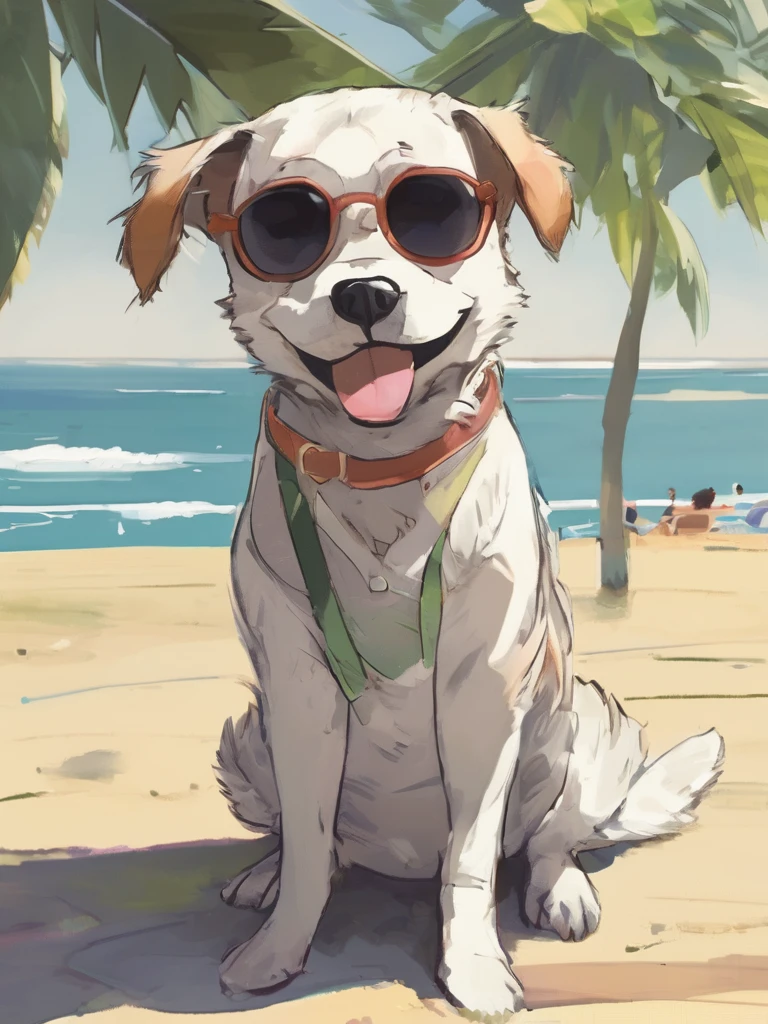 Sitzen an einem sonnigen Strand、Hund mit Sonnenbrille, ausführlich, gute Qualität　Anime-Serie