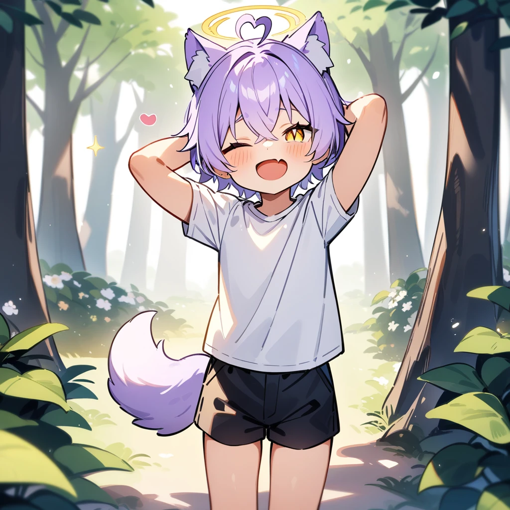 （masterpiece：1.2，high quality），4K，High resolution，A seven-year-old boy，cute boy， light purple hair，short hair，crossed bangs，light yellow eyes，slit pupils，one eye closed，heart ahoge，yellow halo，cat ears，laughing，skin fang，Wearing a white shirt，Black shorts，Stand in the forest，There are flowering trees on both sides.，primary school student，thigh，alone，dog tail，Put your hands behind your head，（Put your hands behind your head）